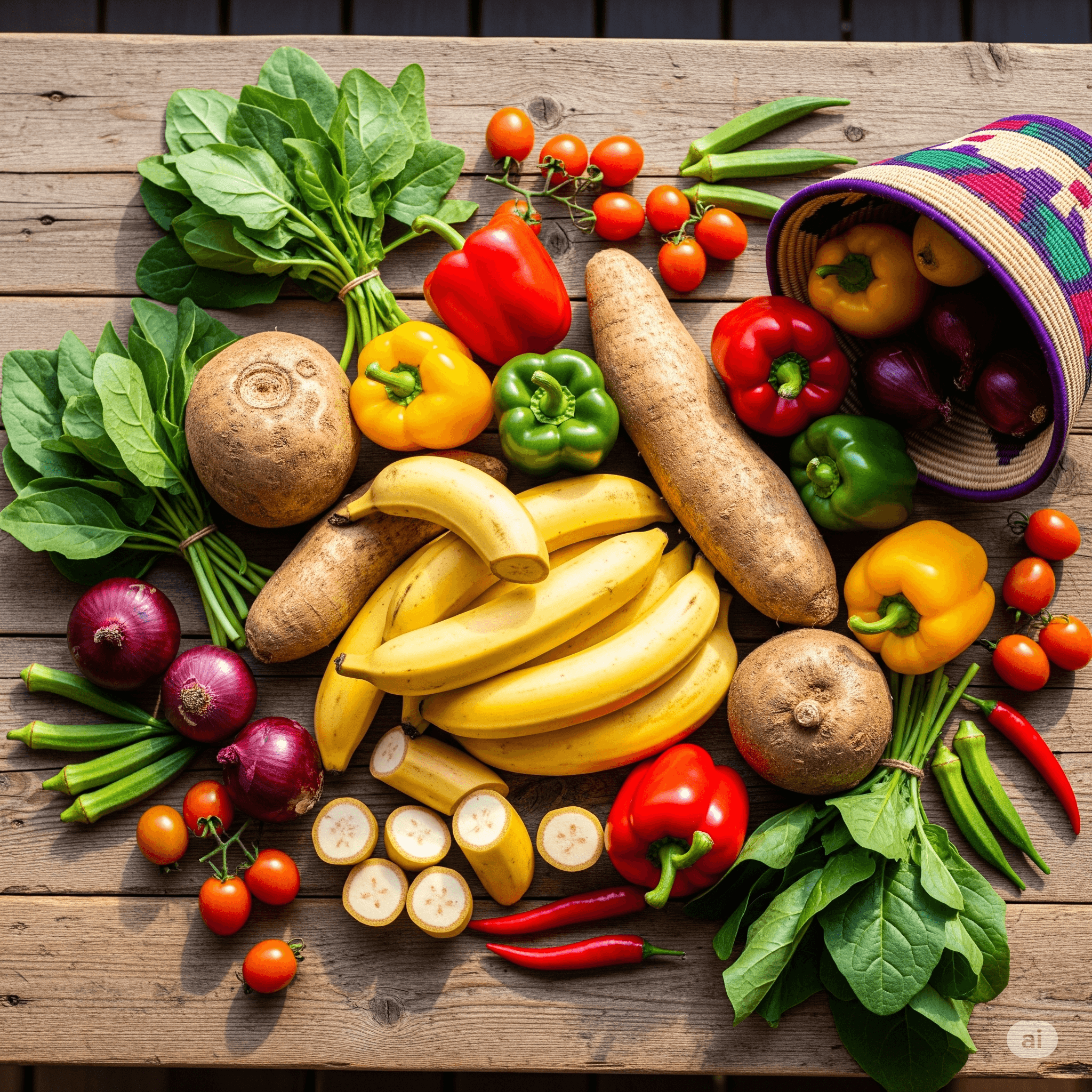 Ingrédients frais de la cuisine africaine sur une table en bois